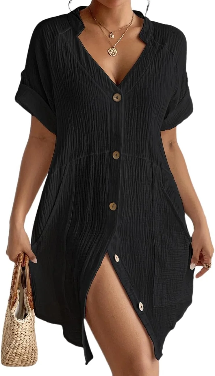 روپوش ساحلی نخی Bsubseach زنانه، دکمه دار، مناسب روی بیکینی، لباس ساحلی