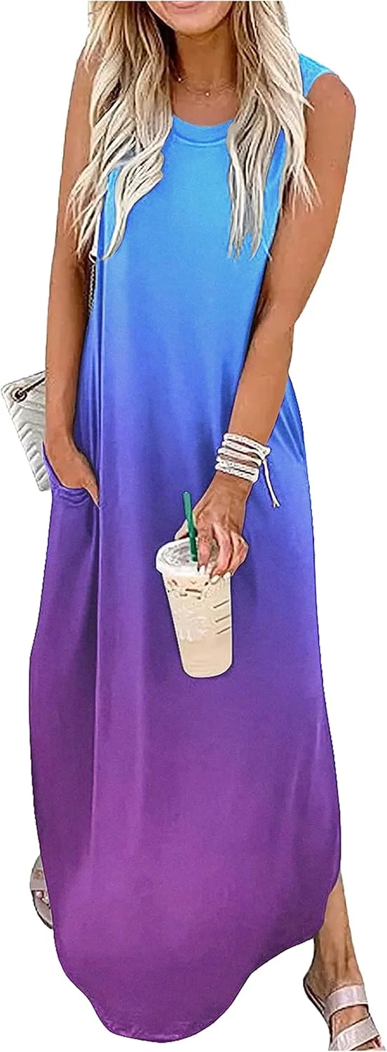 لباس بلند زنانه CHUNTIANRAN، لباس ساحلی بدون آستین، لباس تابستانی بلند با جیب، طرح گرادیان - 9، XL