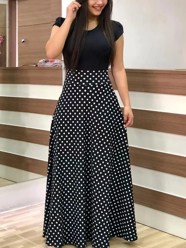 پیراهن زنانه طرح بوهمی خال خالی گلدار پیراهن بلند یقه گرد آستین کوتاه مدل A-Line کمر بلند لباس ساحلی بلند لباس غیر رسمی
