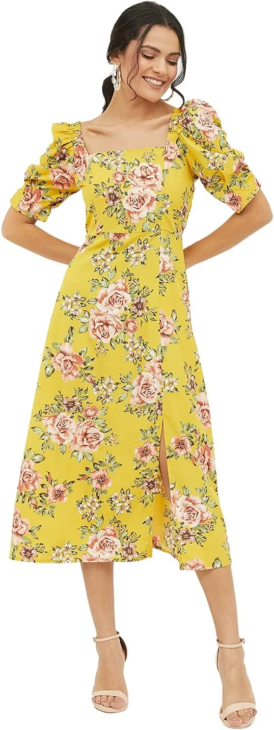 پیراهن زنانه هارپا طرح گلدار یقه خشتی آستین پفی مدل A-Line (تک عددی)