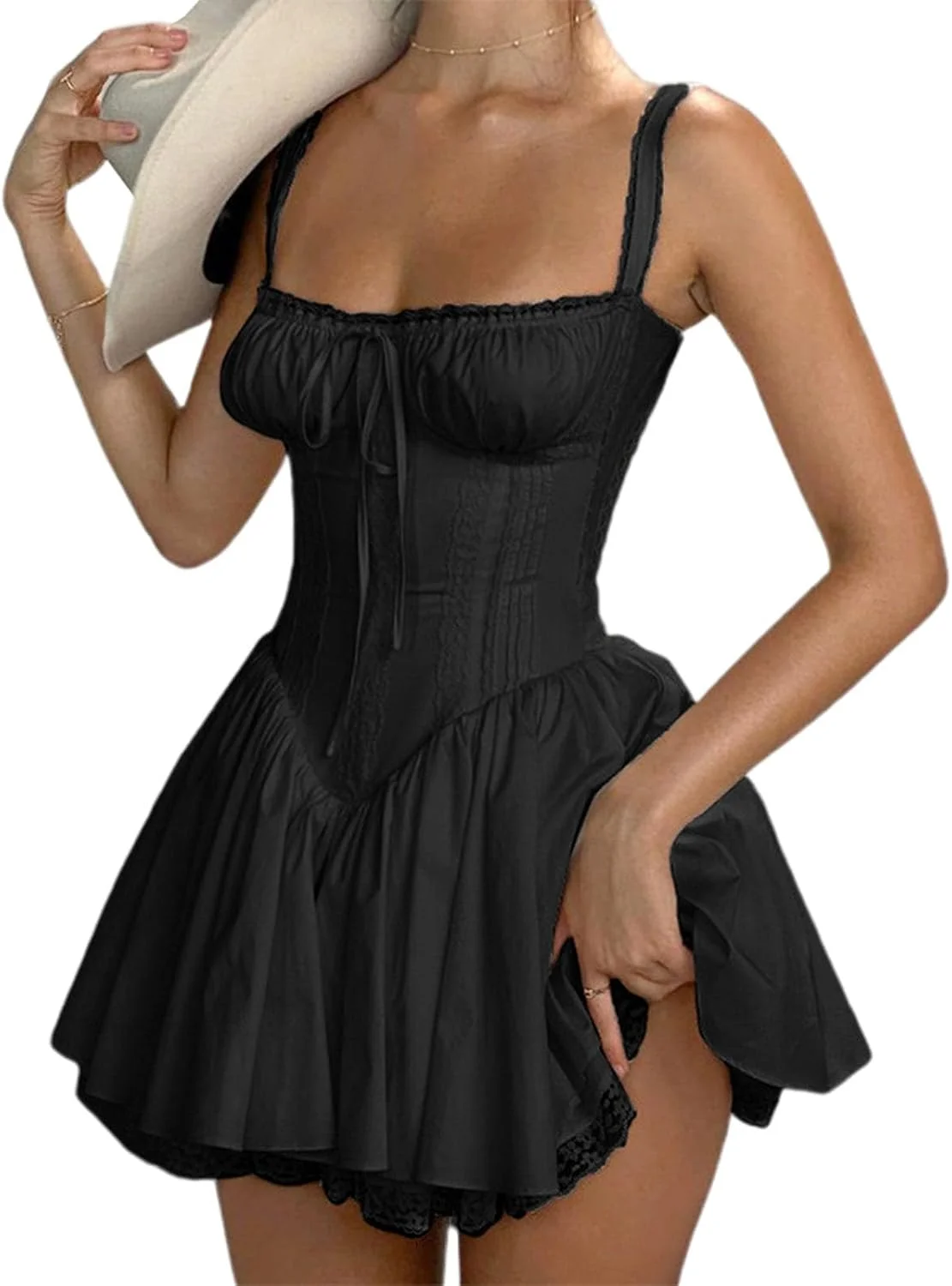 پیراهن کوتاه زنانه تابستانی بدون آستین با یقه مربعی و تزیین توری فرانسوی