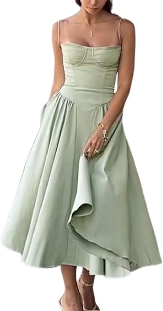 پیراهن ماکسی زنانه بوهو، نیم تنه دار، یقه مربعی، بدون آستین، میدی، روزمره، چاک دار، مدل کلوش