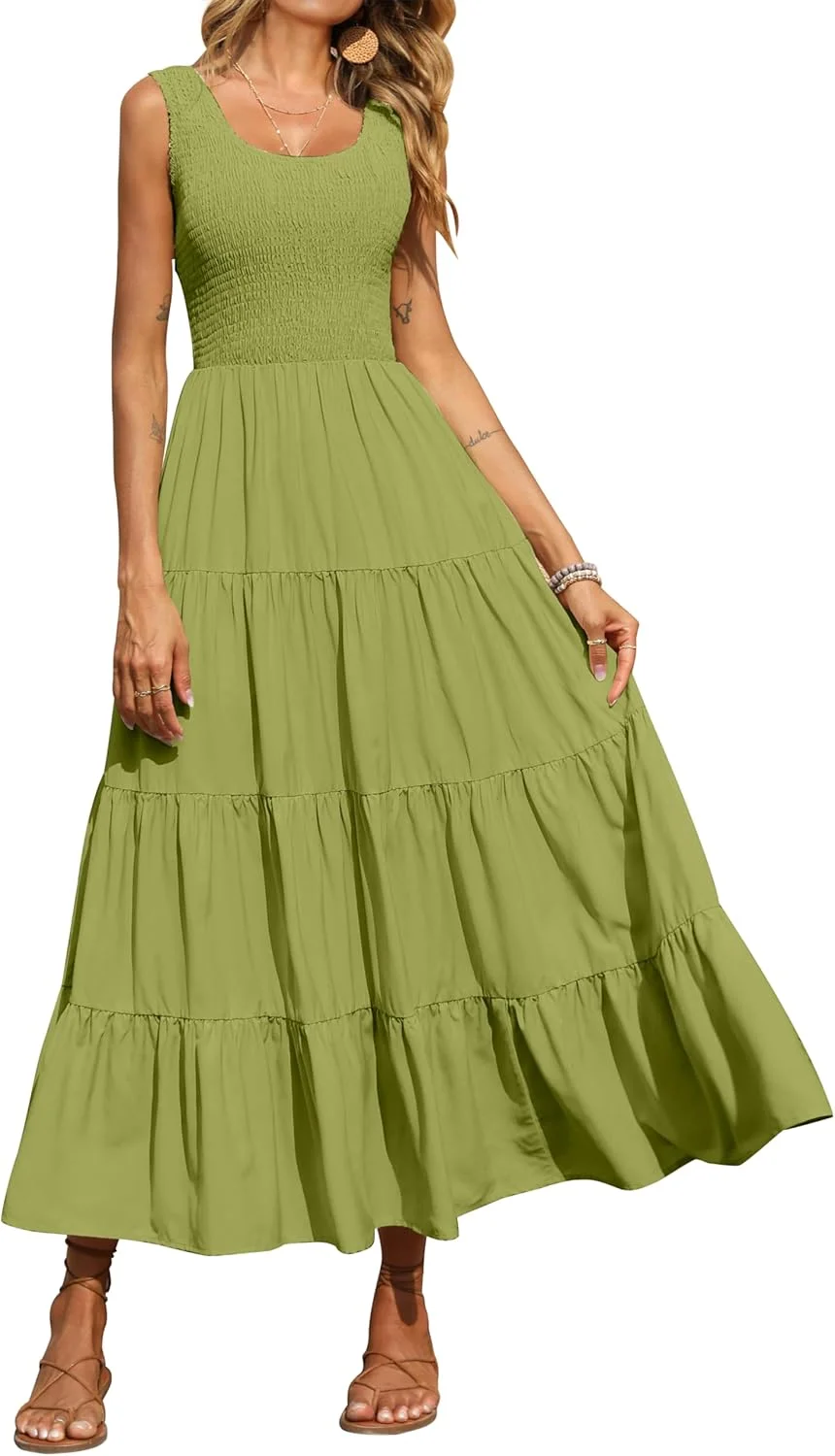 پیراهن زنانه ساحلی بلند بدون آستین مدل Smocked Tank PRETTYGARDEN، مناسب مهمانی و استفاده روزمره، تابستان 2024