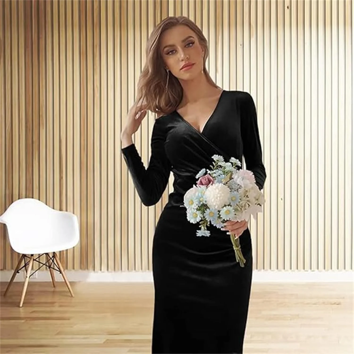 لباس مجلسی زنانه MOTIM، یقه هفت، آستین بلند، مخمل، مدل چین دار، جذب، مناسب مهمانی و کوکتل، دامن بلند