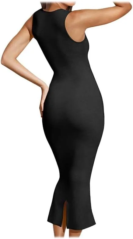 پیراهن ماکسی زنانه یقه مربعی بدون آستین جذب و کشی چاکدار مناسب تابستان