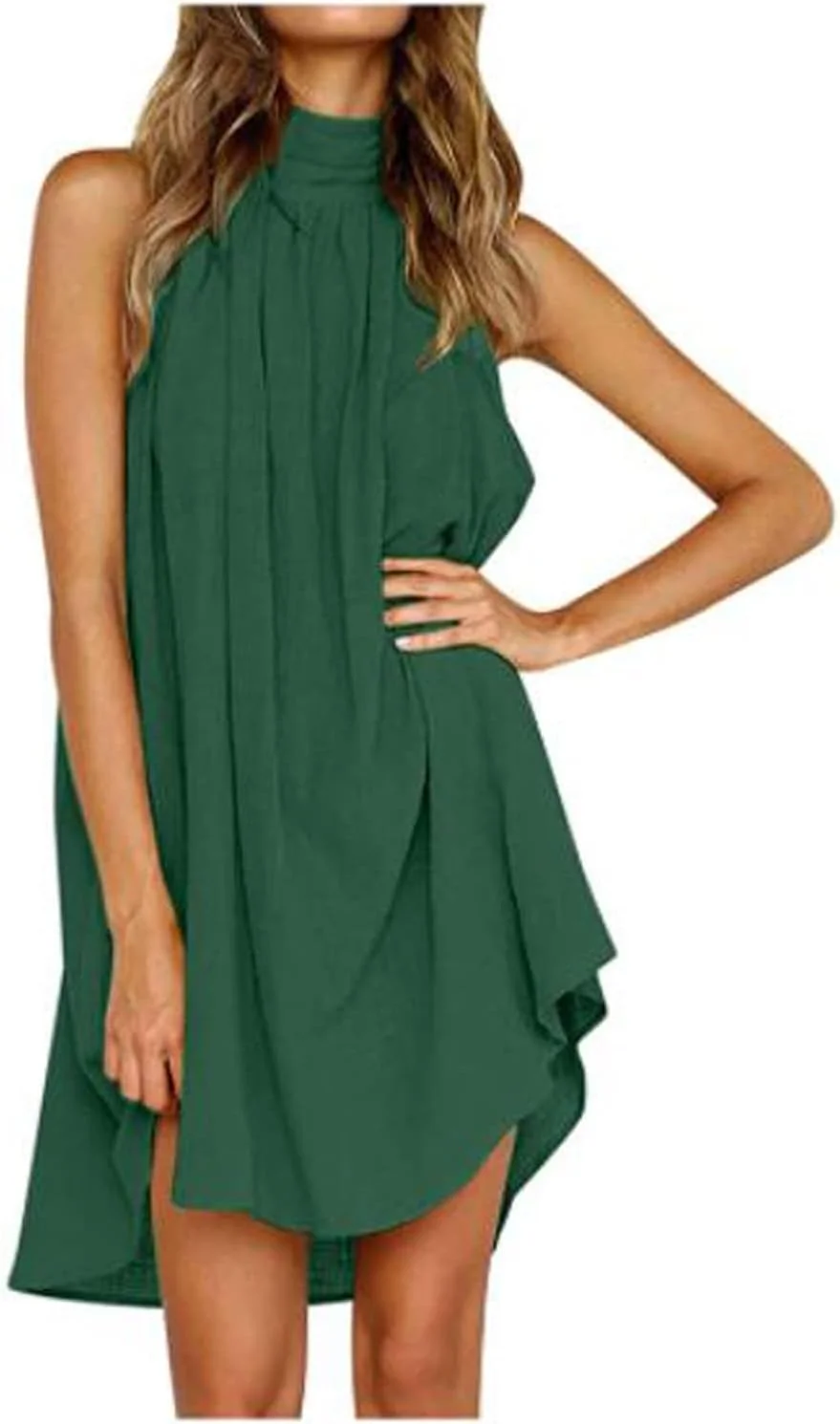 پیراهن های یقه هالتر زنانه لباس مینی تابستانی تاپ رکابی ساده گشاد پیراهن ساحلی کوتاه پلیسه دار