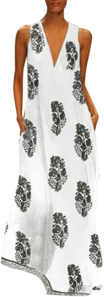 لباس ماکسی زنانه، مدل کفتان، طرح بوهو، یقه هفت، بدون آستین، مناسب استفاده روزمره