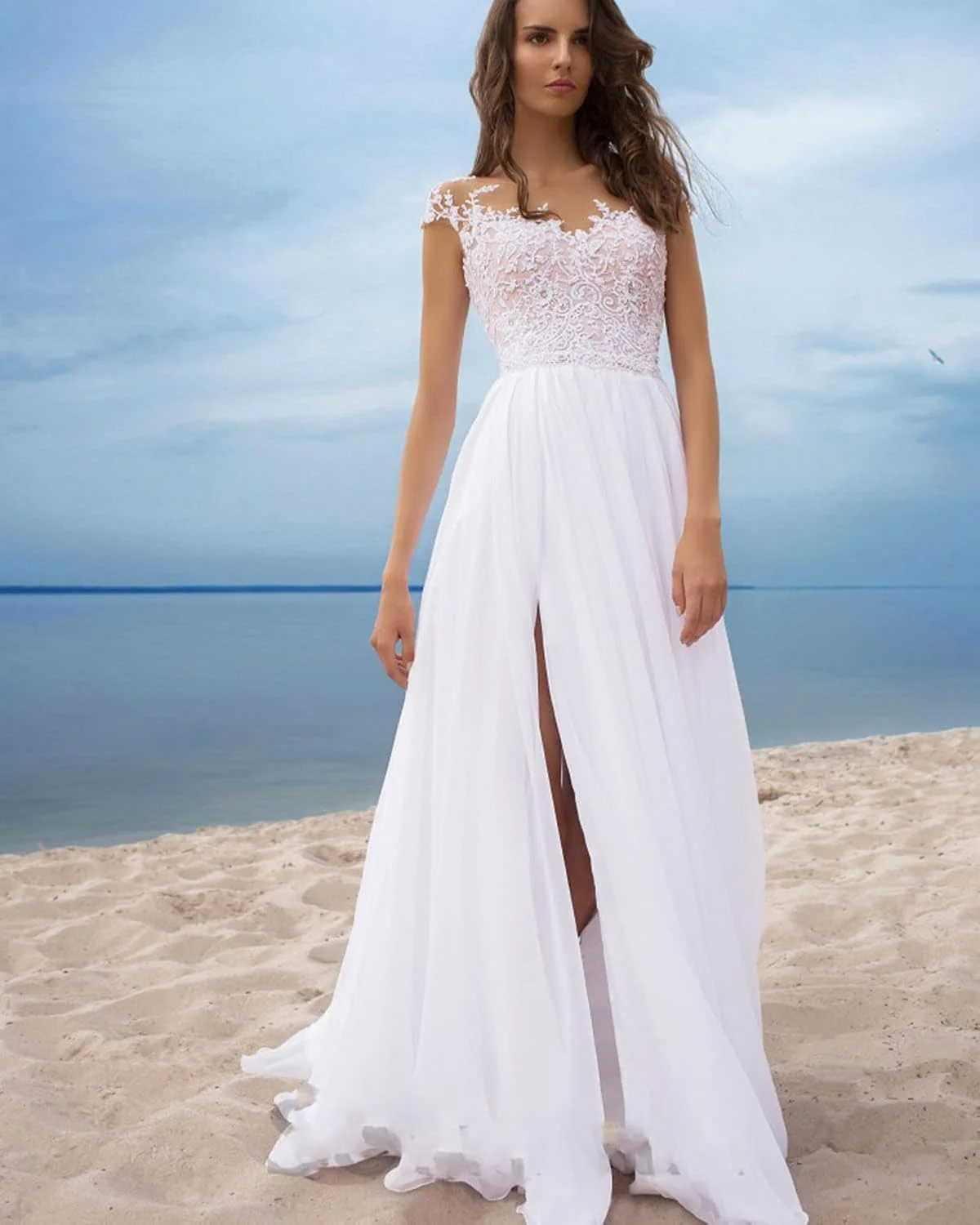 لباس عروس توری بلند زنانه، یقه هفت، مناسب ساحل، مجلسی و شیک