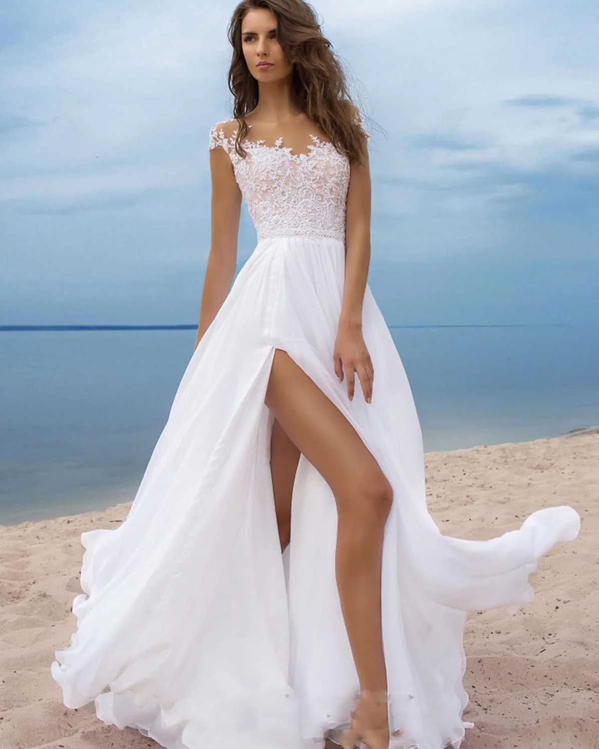 لباس عروس توری بلند زنانه، یقه هفت، مناسب ساحل، مجلسی و شیک