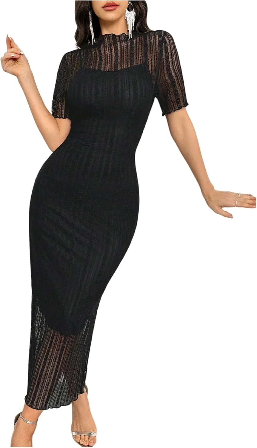 لباس میدی مجلسی زنانه GORGLITTER با یقه ایستاده، آستین کوتاه و طرح توری ظریف