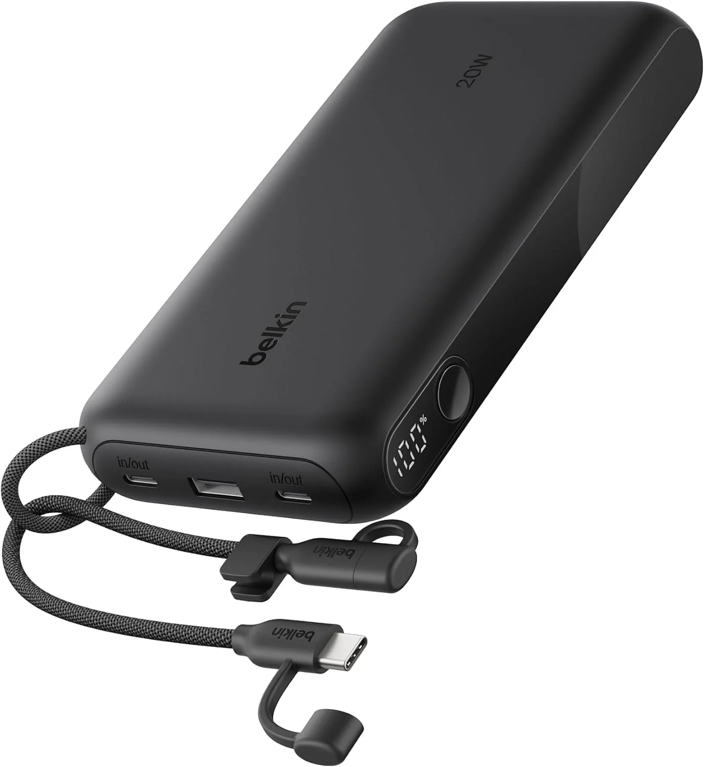 شارژر همراه USB-C بلکین، 20000 میلی آمپر ساعت، دارای دو پورت USB-C و Type-A، نمایشگر میزان باتری، پشتیبانی از شارژ 20 واتی برای آیفون 16، سامسونگ گلکسی S25، پیکسل 9، آیپد - مشکی