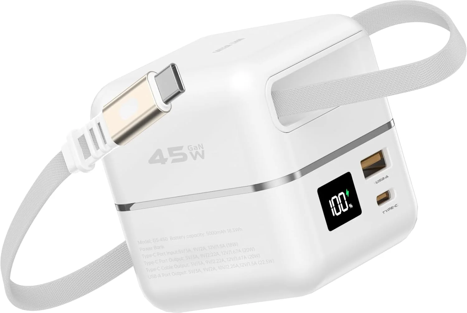 شارژر دیواری و پاوربانک 2 در 1 Green Lion GaN، آداپتور دیواری 45 واتی PD با کابل جمع شونده USB-C یک متری، نمایشگر دیجیتال، 3 خروجی (2xUSB-C و 1xUSB-A)، سفید