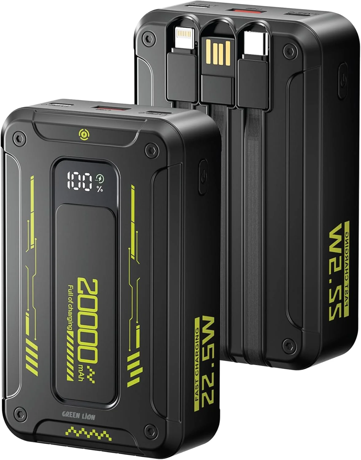 پاور بانک گرین لاین Xtreme 20 با ظرفیت 20000 میلی آمپر ساعت، شارژ سریع PD 22.5W، شارژر قابل حمل با نمایشگر دیجیتال، بسته باتری با کابل لایتنینگ، USB-A و USB-C داخلی، برای تلفن های هوشمند و موارد دیگر