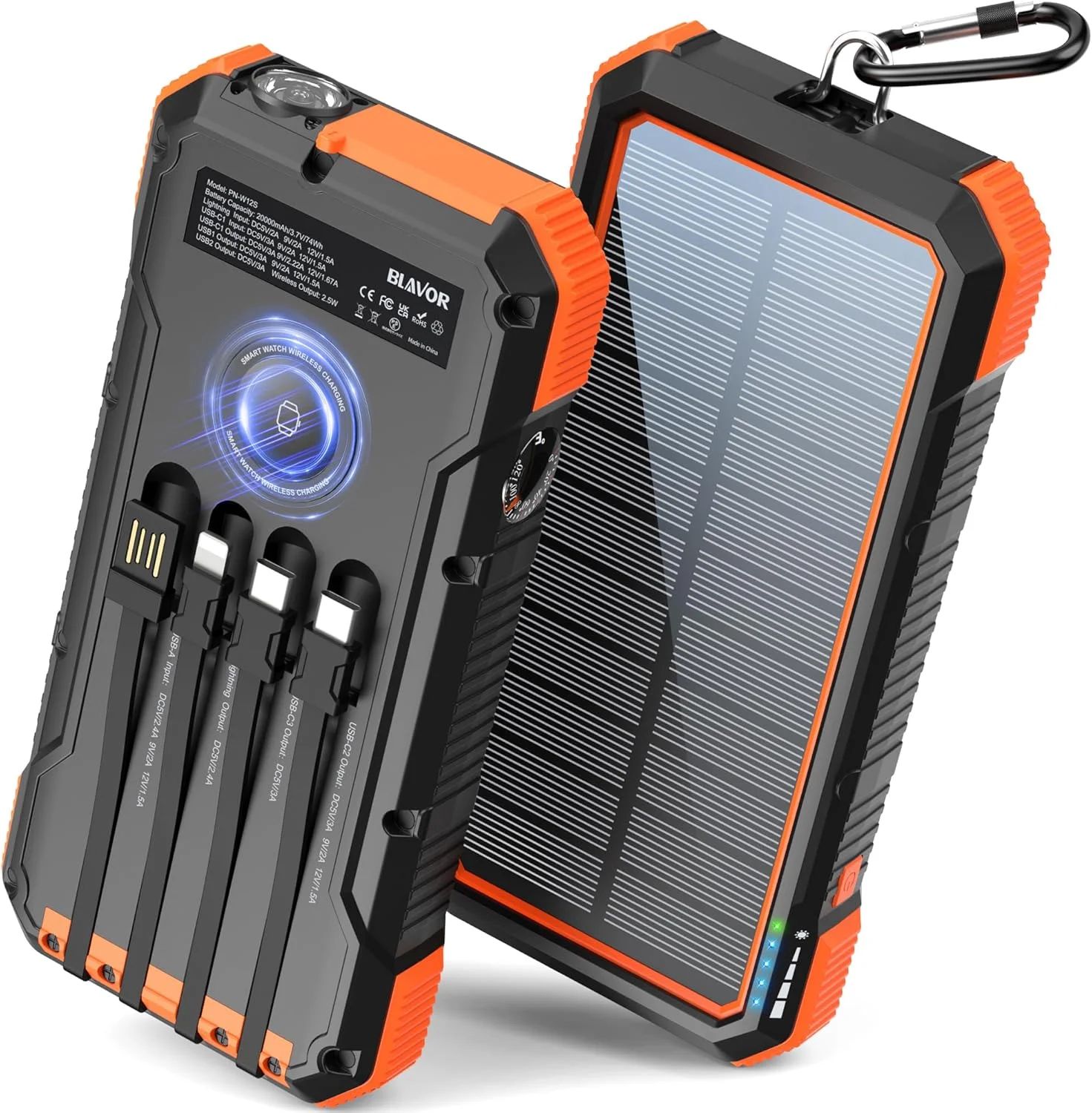 پاور بانک خورشیدی BLAVOR با ظرفیت 20000mAh، دارای 4 کابل داخلی، شارژ سریع 20 واتی، شارژر قابل حمل با ورودی/خروجی USB C، بسته باتری برای آیفون 16/15/14/13/12/11