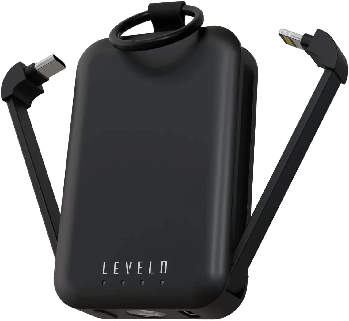 پاور بانک کوچک LEVELO با ظرفیت 4000 میلی آمپر ساعت، دارای کابل های لایتنینگ و USB Type-C داخلی، چراغ LED، پاوربانک جمع و جور با جاکلیدی، بسته باتری قابل حمل برای آیفون و اندروید با جاکلیدی یکپارچه