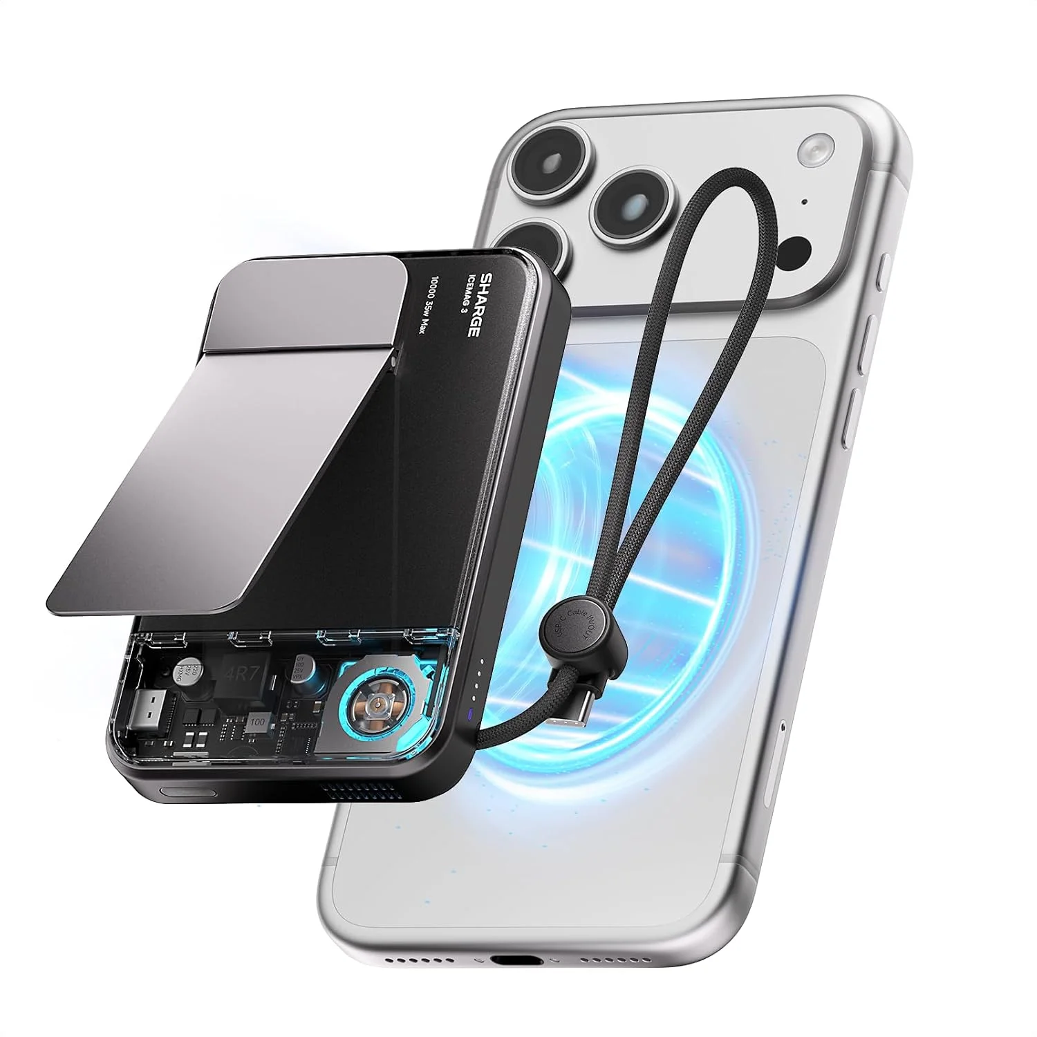 پاور بانک 10000mAh شارژ ICEMAG 3 Magsafe، شارژر بی سیم قابل حمل Qi2 25W با خنک کننده فعال 3.0، کابل داخلی 35W USB-C شارژ سریع، طراحی RGB شفاف برای آیفون 17/16
