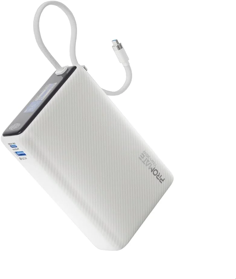 پاور بانک 20000 میلی آمپر ساعتی پرومیت با کابل USB-C داخلی، شارژ سریع 35 واتی PD با صفحه نمایش هوشمند TFT، دارای 3 پورت USB-C و USB-A برای آیپد، آیفون سری 17/16، سامسونگ S25Ultra، ایرپاد و غیره