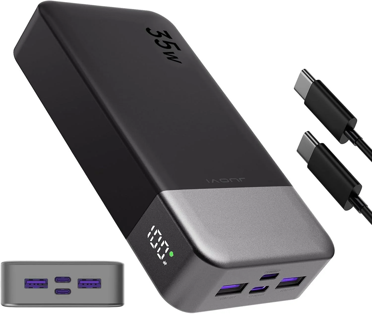 پاور بانک JUOVI J2651 با توان 35 وات و ظرفیت 20000 میلی آمپر ساعت، دارای پورت USB C ورودی و خروجی، بسته باتری با شارژ سریع 35 واتی QC4.0+PD3.0 برای هدست بلوتوث، تلفن همراه و تبلت (مشکی)