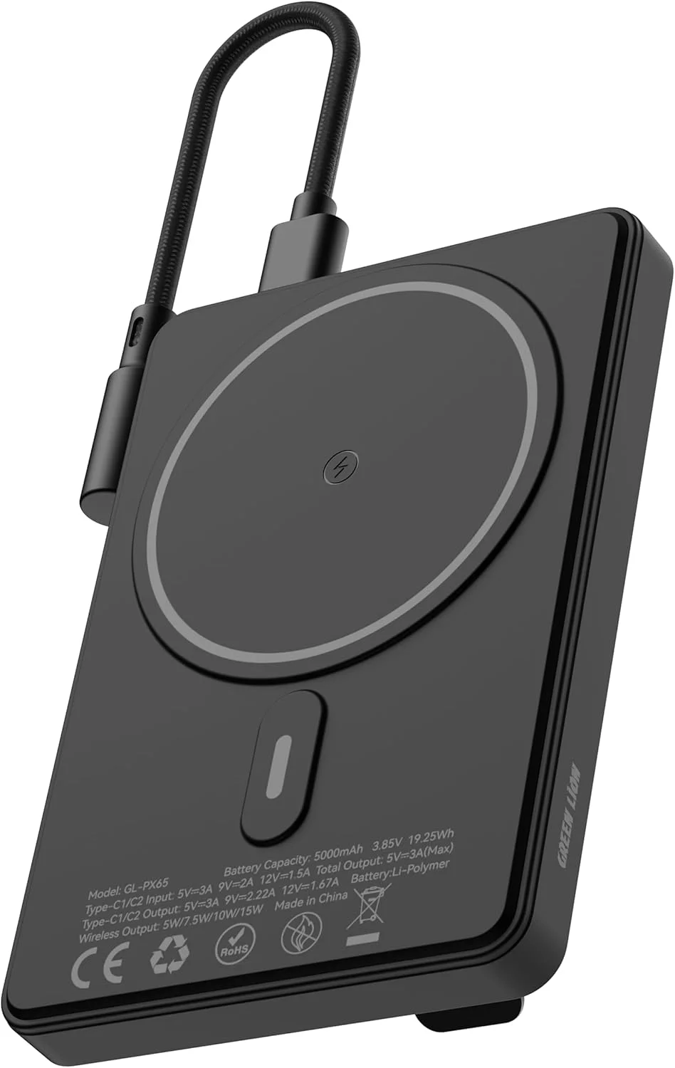 پاور بانک مغناطیسی 5000 میلی آمپر ساعت Green Lion VITA با پایه تاشو، شارژ سریع 20 واتی PD، بسته باتری بی سیم سازگار با MagSafe برای آیفون 17-12، شارژر قابل حمل باریک با کابل Type-C