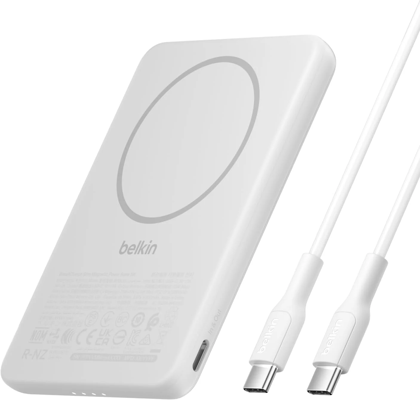 پاور بانک مغناطیسی 5000 میلی آمپر ساعتی Belkin BoostCharge، شارژر قابل حمل باریک با حلقه مغناطیسی و پورت USB C، بسته باتری برای آیفون، گلکسی، پیکسل، آیپد، تبلت - شامل کابل USB C - سفید