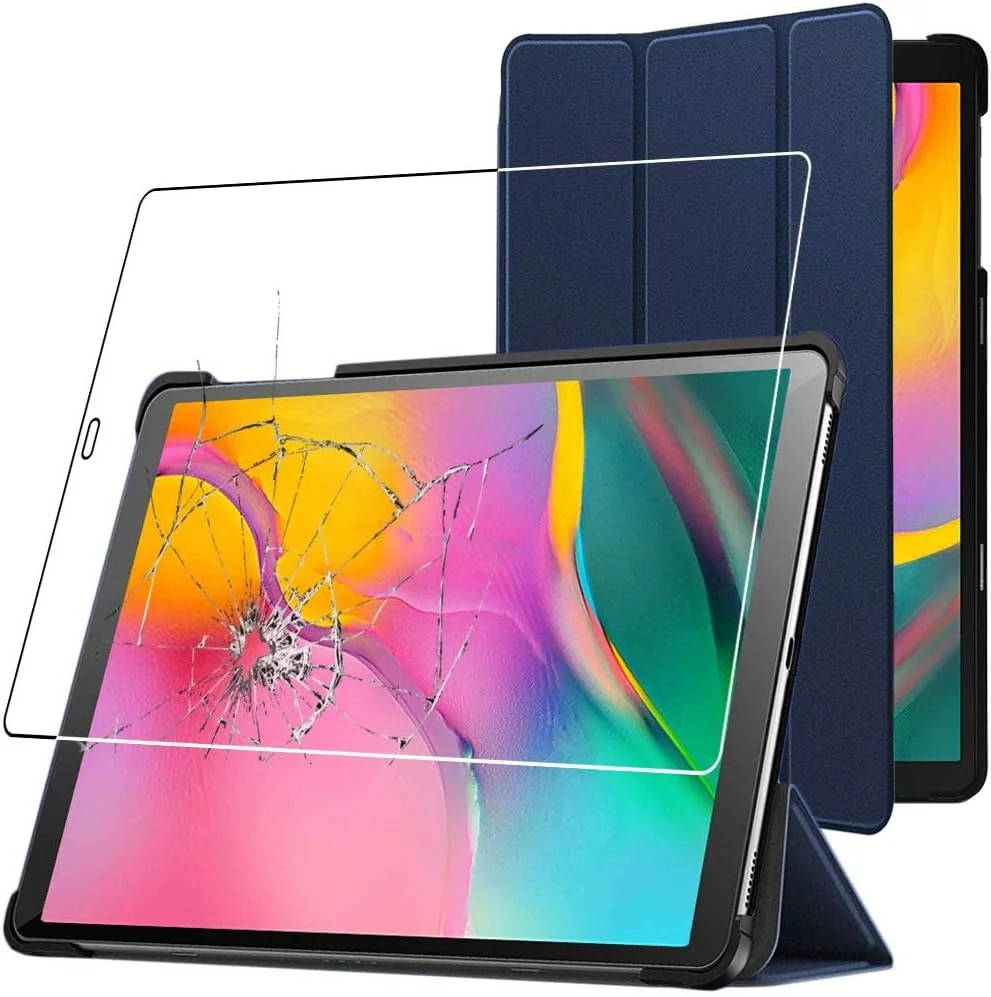 کیف محافظ باریک تبلت سامسونگ گلکسی تب A 10.1 2019 مدل T510 T515، جلد چرمی PU با قفل مغناطیسی، آبی تیره + محافظ صفحه شیشه ای
