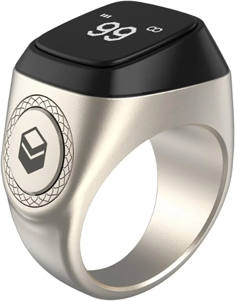 حلقه تسبیح دیجیتال هوشمند برای ذکر - شمارنده انگشتی اسلامی با نمایشگر OLED، شمارنده مهره تالی الکترونیکی قابل شارژ برای نماز، مدیتیشن و ذکر برای آقایان و بانوان (نقره ای، 22 میلی متر)