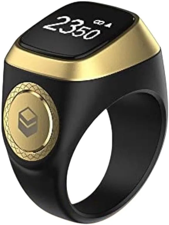 انگشتر ذکر هوشمند درجه یک AAA+، یادآوری زمان نماز، صفحه نمایش OLED، شمارنده تسبیح، انگشتر هوشمند، فناوری پوشیدنی، ضد آب 20 میلی متر، کابل USB Zikr1 Plus (سایه مشکی و طلایی)