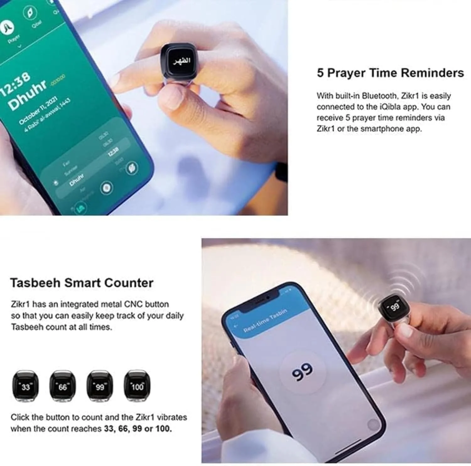 انگشتر ذکر هوشمند درجه یک AAA+، یادآوری زمان نماز، صفحه نمایش OLED، شمارنده تسبیح، انگشتر هوشمند، فناوری پوشیدنی، ضد آب 20 میلی متر، کابل USB Zikr1 Plus (سایه مشکی و طلایی)