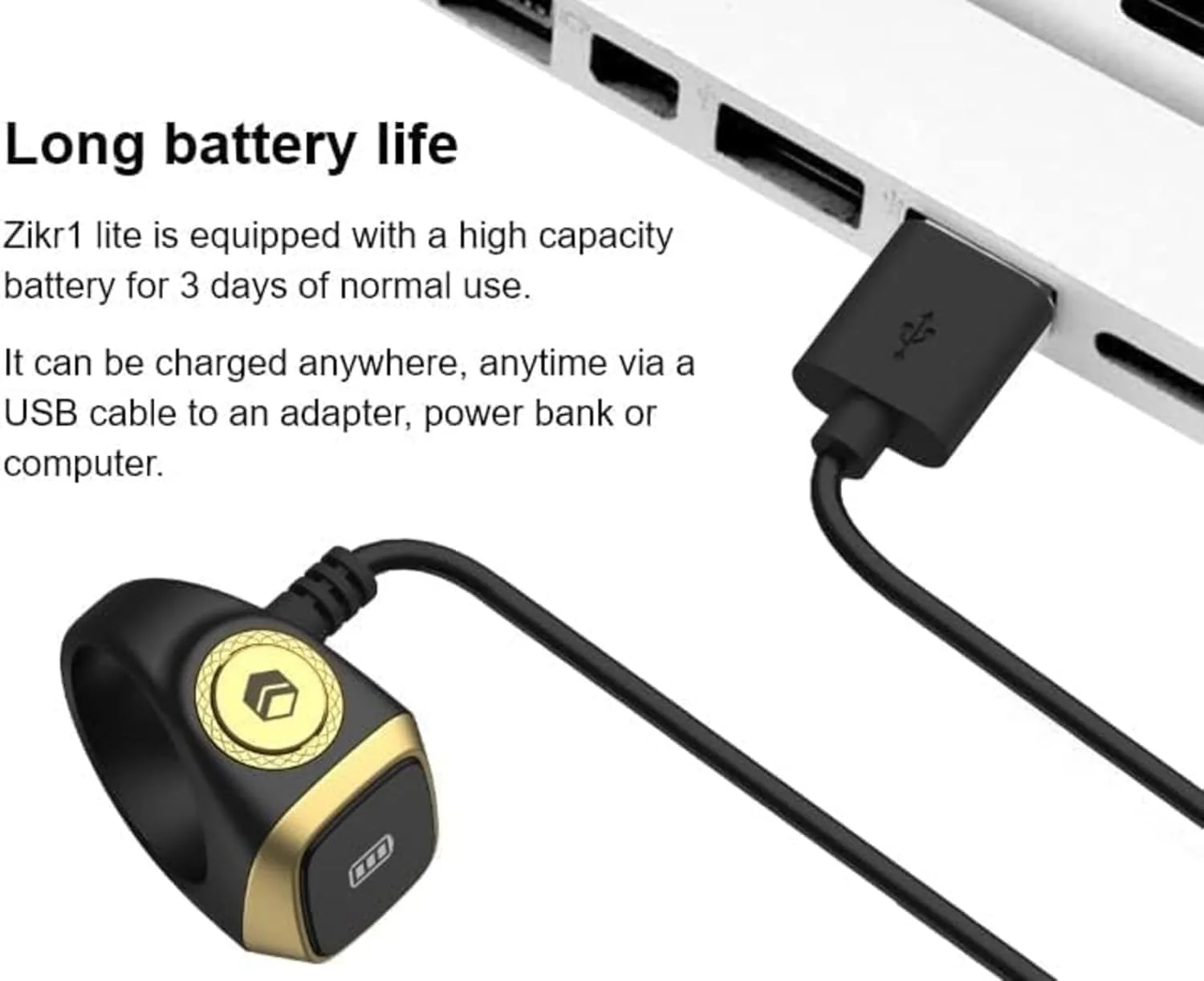 انگشتر ذکر هوشمند درجه یک AAA+، یادآوری زمان نماز، صفحه نمایش OLED، شمارنده تسبیح، انگشتر هوشمند، فناوری پوشیدنی، ضد آب 20 میلی متر، کابل USB Zikr1 Plus (سایه مشکی و طلایی)