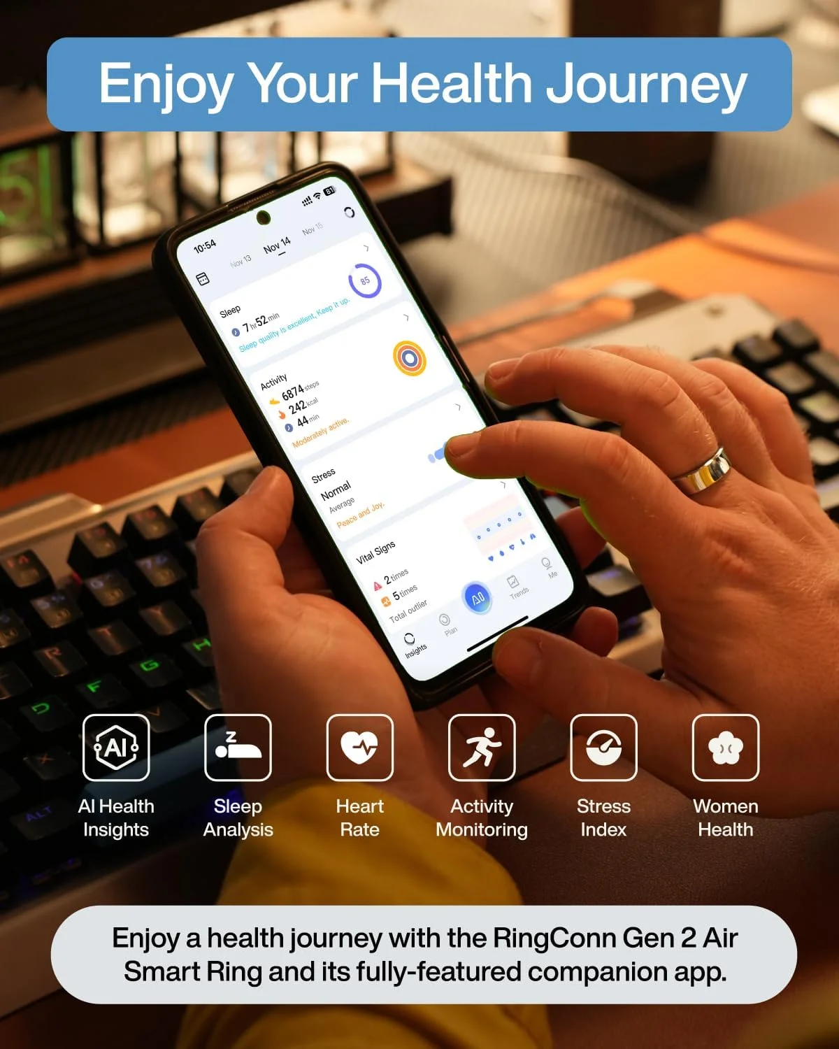 حلقه هوشمند فوق باریک RingConn Gen 2 Air، ردیاب تناسب اندام/خواب/استرس/ضربان قلب برای زنان و مردان، بدون هزینه برنامه برای ویژگی های استاندارد، سازگار با iOS و Android (سایز 10، طلایی شنی)