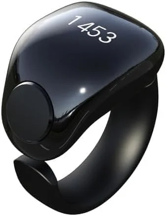 انگشتر هوشمند ITasbih Faith، 5 سایز در 1، نمایشگر OLED و پشتیبانی از اپلیکیشن WESLAMIC، شارژ مغناطیسی، شمارنده ذکر انگشتی دیجیتال خوش شانس برای نماز مسلمانان - مشکی