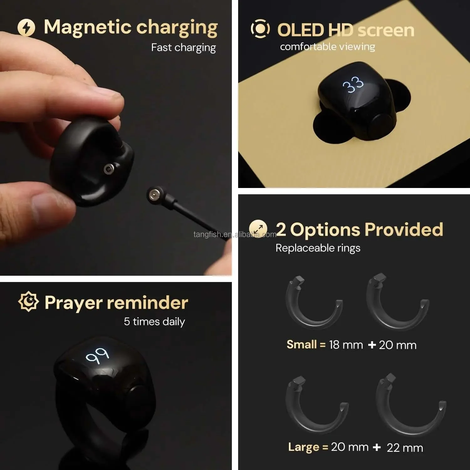 انگشتر هوشمند ITasbih Faith، 5 سایز در 1، نمایشگر OLED و پشتیبانی از اپلیکیشن WESLAMIC، شارژ مغناطیسی، شمارنده ذکر انگشتی دیجیتال خوش شانس برای نماز مسلمانان - مشکی