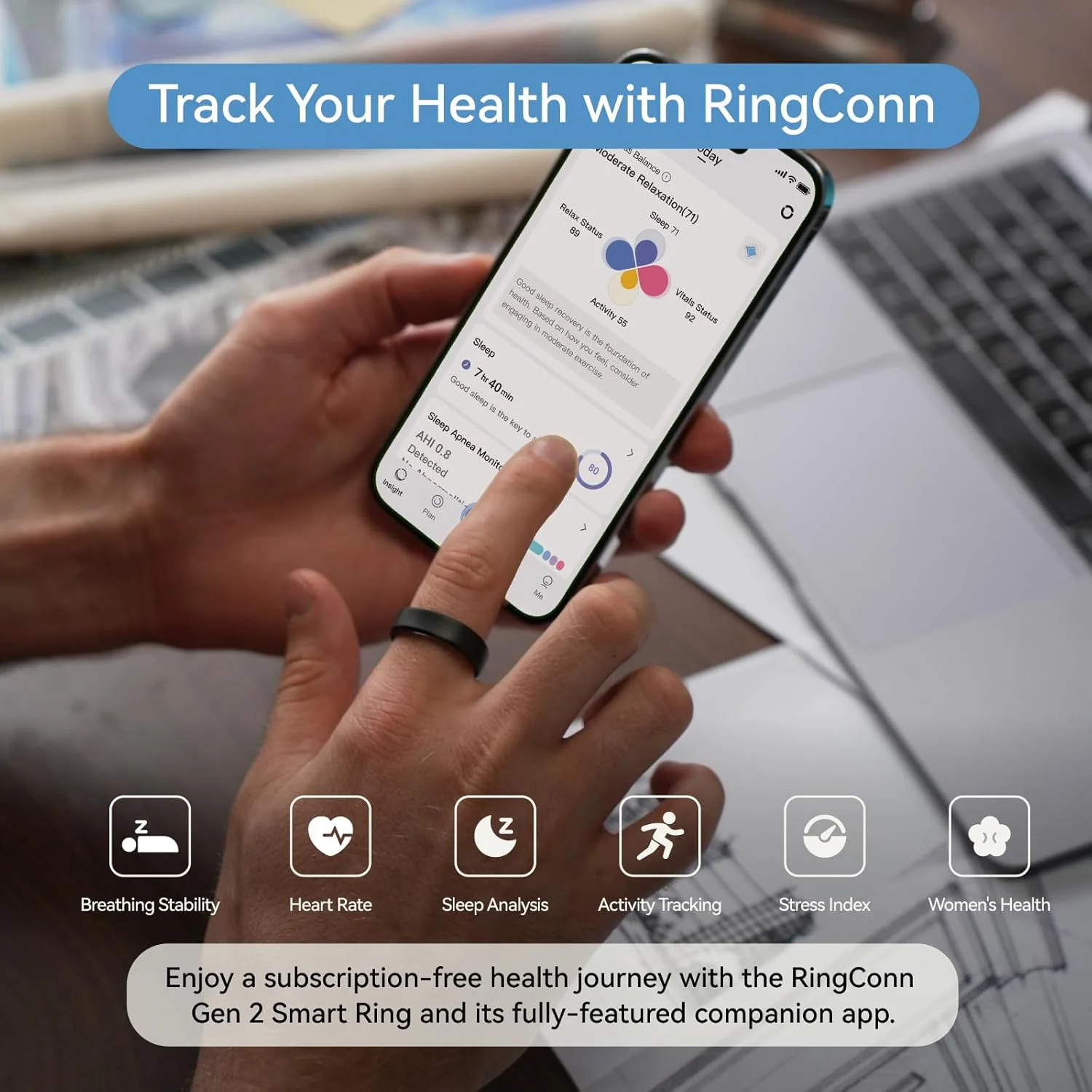 حلقه هوشمند نسل دوم RingConn Gen 2، اولین حلقه هوشمند جهان با قابلیت پایش آپنه خواب، بدون نیاز به اشتراک برنامه، عمر باتری 12 روزه، ردیاب استرس/ضربان قلب/سلامت بانوان، سازگار با اندروید و iOS (مشکی، سایز 11)
