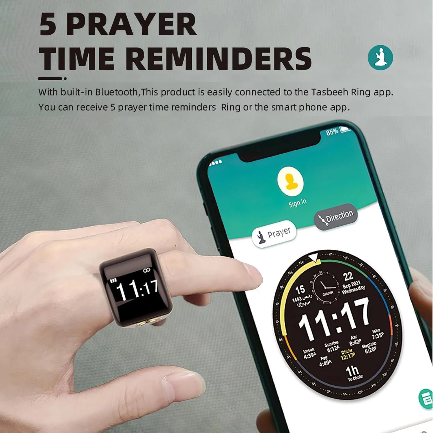حلقه ذکر هوشمند الکترونیکی اوبست برای زنان و مردان، نماز مسلمانان، یادآوری زمان نماز با ویبره، شمارنده تسبیح، حلقه هوشمند با بلوتوث، 22 میلی متر، کنترل برنامه، USB
