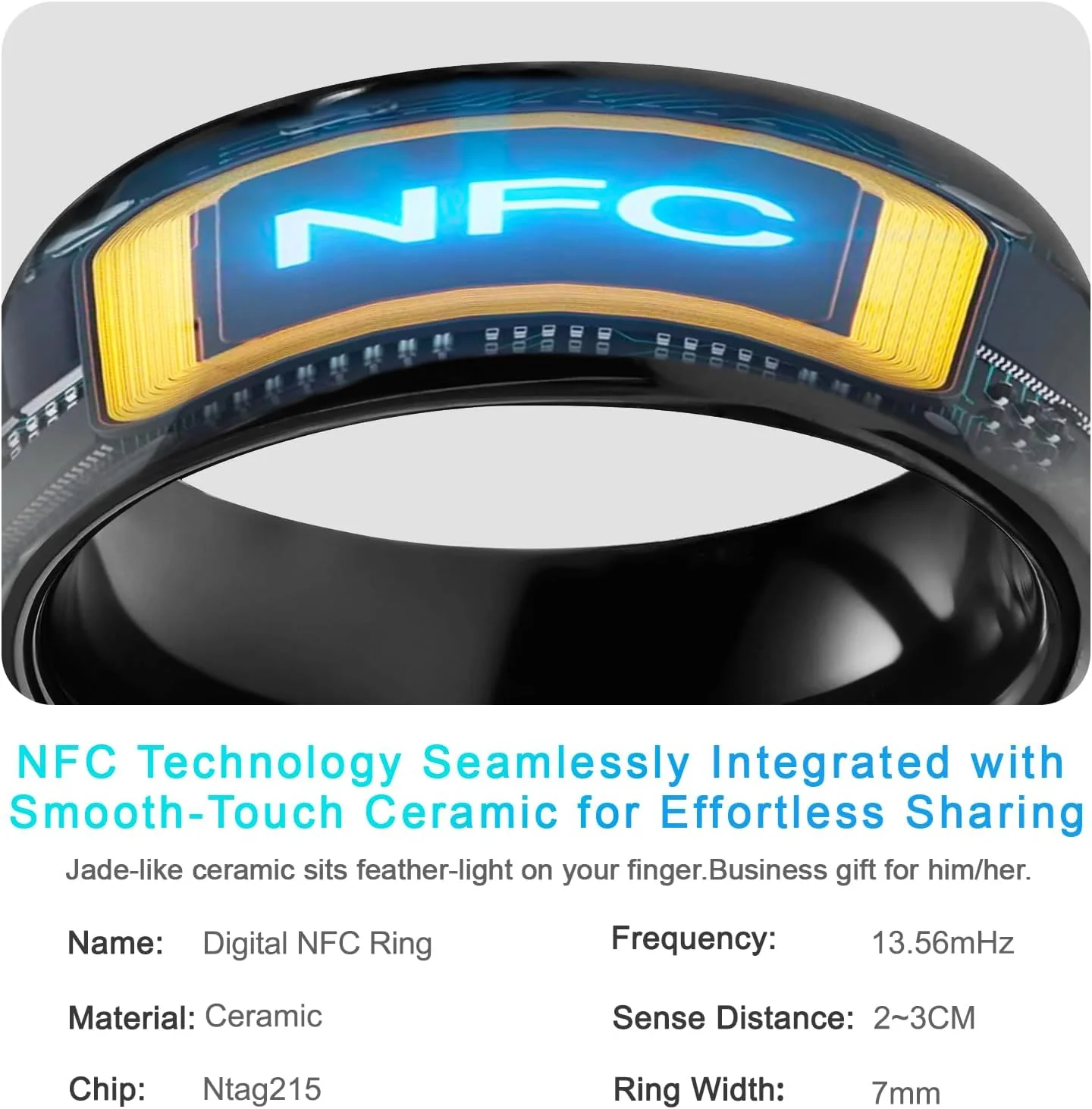 حلقه هوشمند سرامیکی کامل Ntag215 NFC سازگار با تلفن ها و دستگاه های دارای NFC قابل برنامه ریزی 504 بایت برای تگ های تجاری قابل استفاده برای iOS و Android (مشکی، سایز 12)