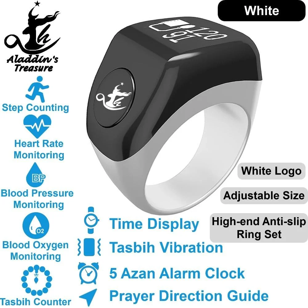 انگشتر هوشمند تسبیح چند منظوره علاءالدین، شمارنده تسبیح، راهنمای نشانگر جهت قبله، ساعت زنگ دار 5 اذان، تسبیح الکترونیکی، هدیه عید فطر عید قربان رمضان برای مردان و زنان، حلقه ذکر کانکت سفید