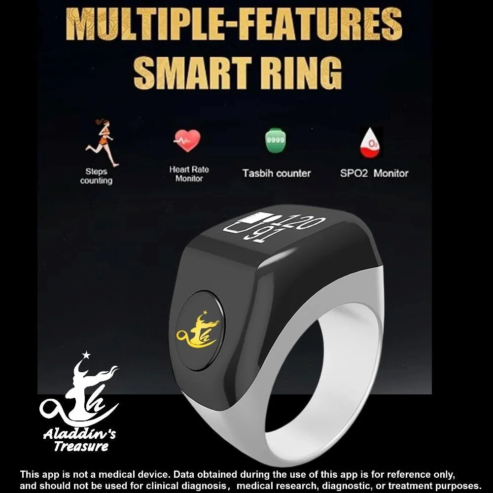 انگشتر هوشمند تسبیح چند منظوره علاءالدین، شمارنده تسبیح، راهنمای نشانگر جهت قبله، ساعت زنگ دار 5 اذان، تسبیح الکترونیکی، هدیه عید فطر عید قربان رمضان برای مردان و زنان، حلقه ذکر کانکت سفید