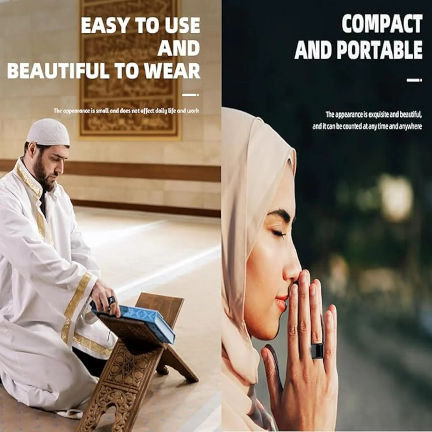 انگشتر هوشمند، نماز مسلمانان، شمارنده تسبیح، یادآوری اوقات پنج نماز، صفحه نمایش OLED، ضد آب، مشکی (18 میلی متر)