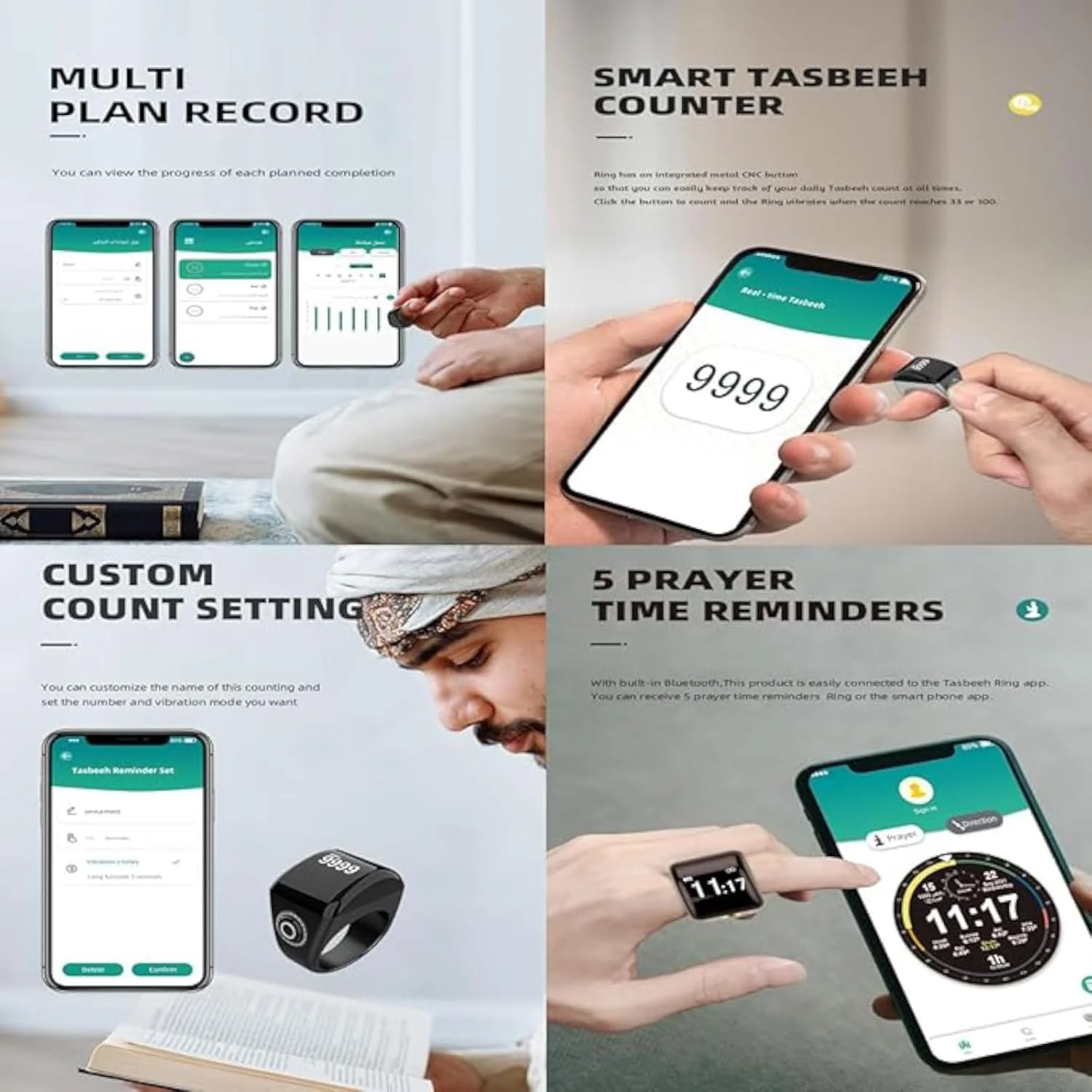 انگشتر هوشمند، نماز مسلمانان، شمارنده تسبیح، یادآوری اوقات پنج نماز، صفحه نمایش OLED، ضد آب، مشکی (18 میلی متر)