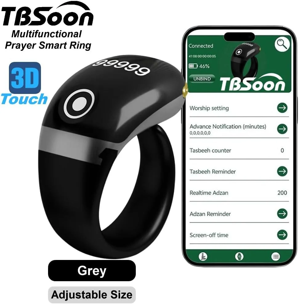 حلقه تسبیح هوشمند سبک وزن، شمارنده تسبیح، راهنمای نشانگر جهت قبله، ساعت زنگ دار 5 اذان، استغفار، تسبیح الکترونیکی، هدیه عید فطر، عید قربان، رمضان برای مردان و زنان - خاکستری Pro با برنامه