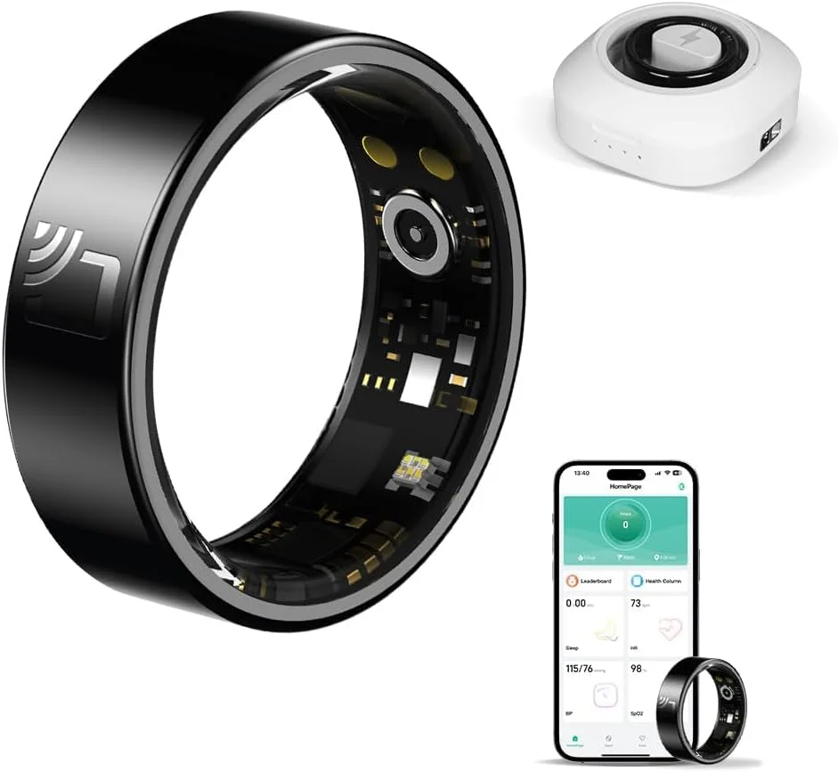 حلقه هوشمند KASTWAVE، حلقه ورزشی ضد آب IP68 با قطر 21.4 میلی متر به همراه جعبه شارژ، حلقه ردیابی تناسب اندام NFC با نمایشگر ضربان قلب، نمایشگر اکسیژن خون، ردیابی خواب، عکاسی از راه دور، مشکی