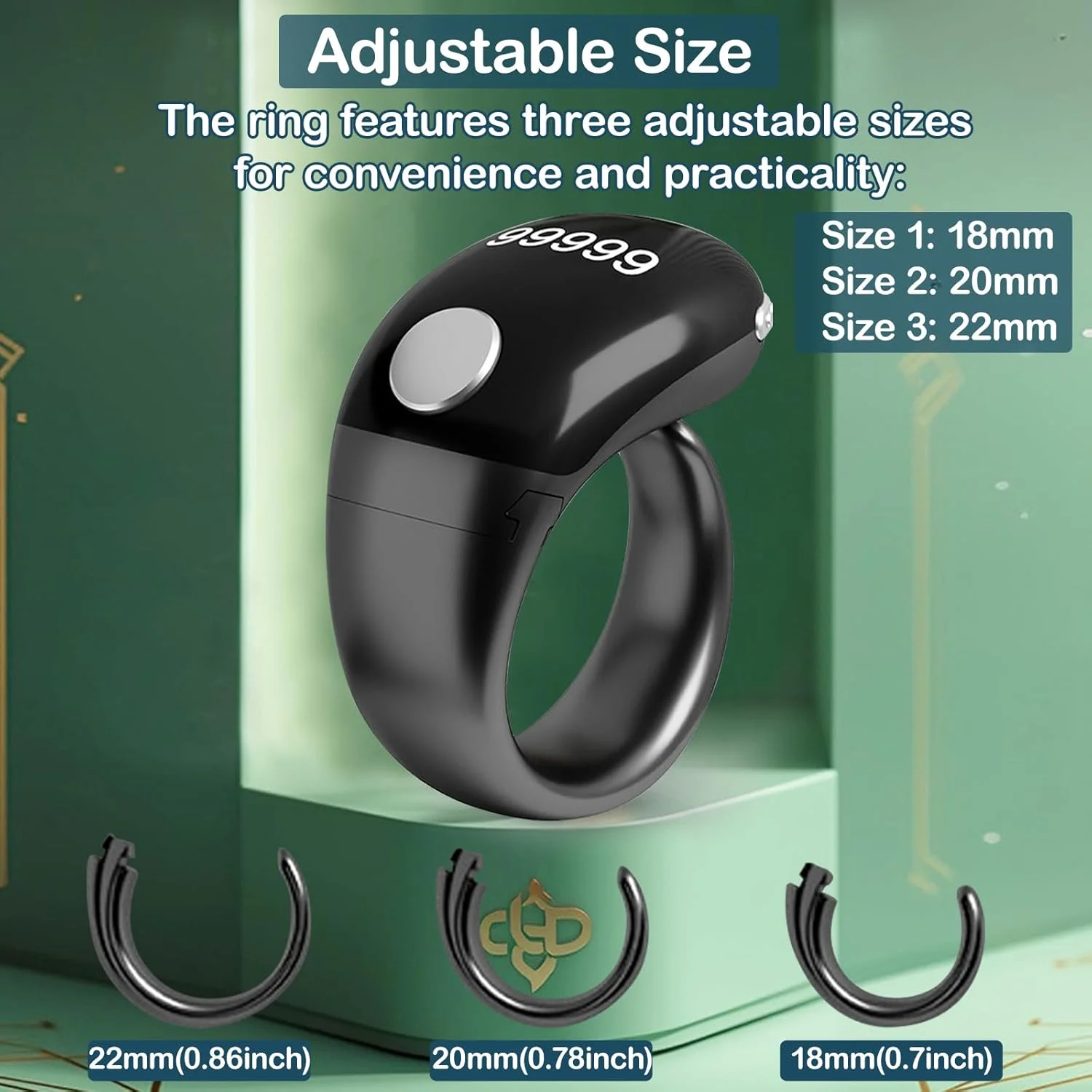 حلقه تسبیح هوشمند KEWAYO، انگشتر دیجیتال با سایز قابل تنظیم 18mm/20mm/22mm، حلقه شمارنده نمایشگر OLED، شمارنده انگشتی ضد آب برای یادآوری زمان نماز مسلمانان