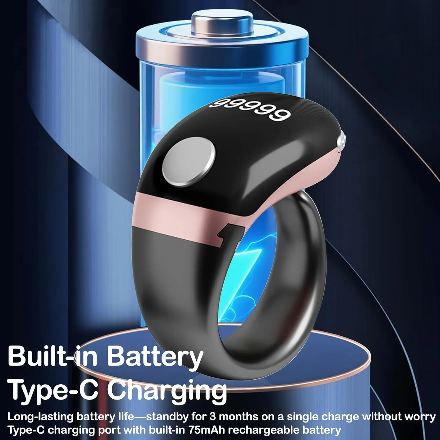 حلقه ذکر شمار هوشمند KEWAYO، سایز قابل تنظیم 18mm/20mm/22mm، شمارنده انگشتی دیجیتال، شارژ Type-C، حلقه شمار OLED