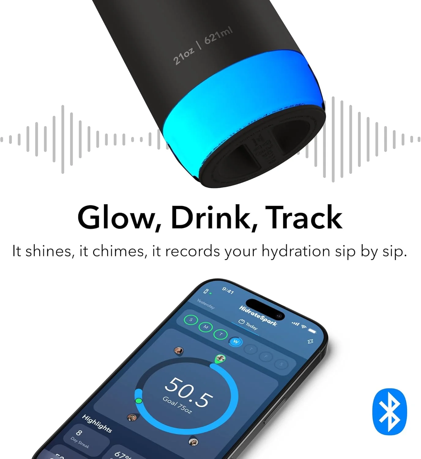 بطری هوشمند آب هیدریت اسپارک پرو 2 – بطری آبرسانی هوشمند با یادآوری نوشیدن و ردیابی میزان آب، 621 میلی لیتر استیل ضد زنگ – همگام سازی با Apple Health، Fitbit، حلقه های هوشمند و ساعت های هوشمند - درب نی دار - مشکی