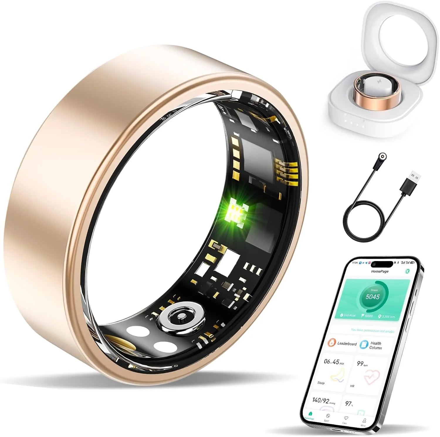 حلقه هوشمند HPLSZCN، ردیاب فعالیت برای زنان و مردان، ردیاب سلامتی و تناسب اندام، پایش ضربان قلب و خواب، عمر باتری طولانی، ضد آب IP68، بدون هزینه اشتراک (طلایی، سایز 8)