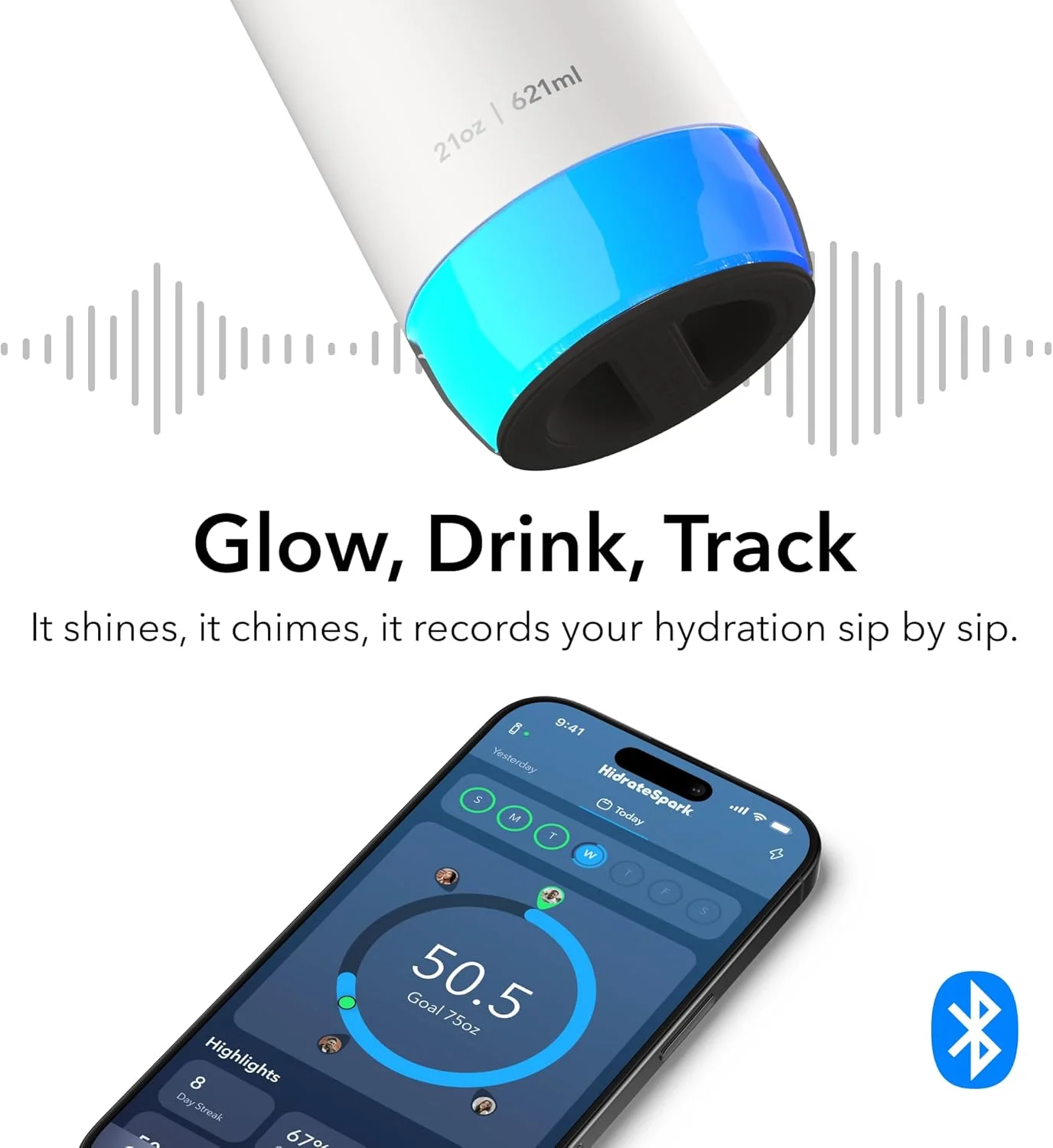 بطری هوشمند HidrateSpark PRO 2 با یادآور و مانیتور هیدراتاسیون، استیل ضد زنگ 620 میلی لیتری - همگام سازی با Apple Health، Fitbit، Rings و ساعت های هوشمند - سفید