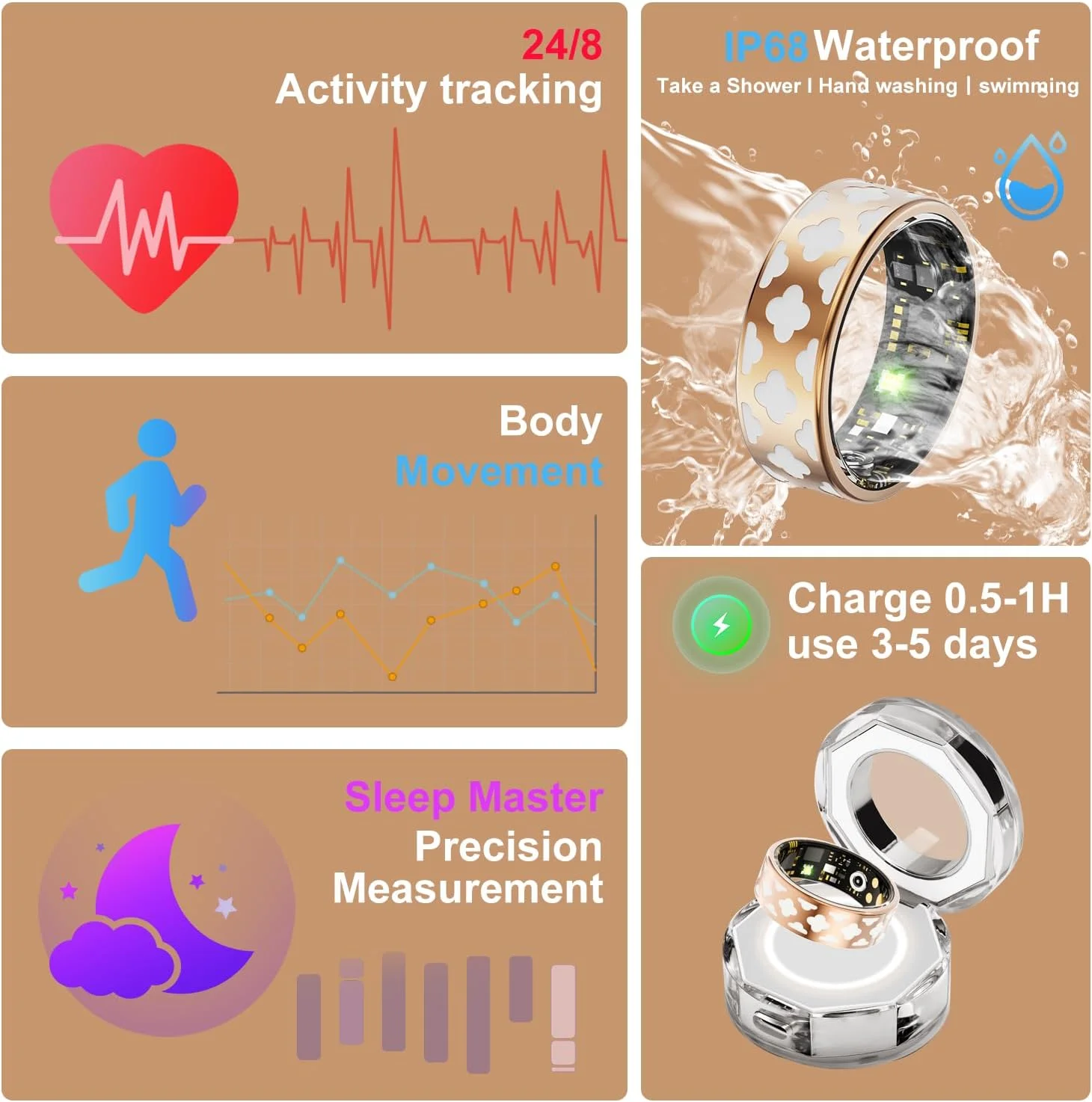 انگشتر هوشمند، طرح الماس، برای زنان و مردان، پایش ضربان قلب/اکسیژن، تجزیه و تحلیل خواب، ضد آب IP69، باتری بادوام، سازگار با iOS/Android (7)