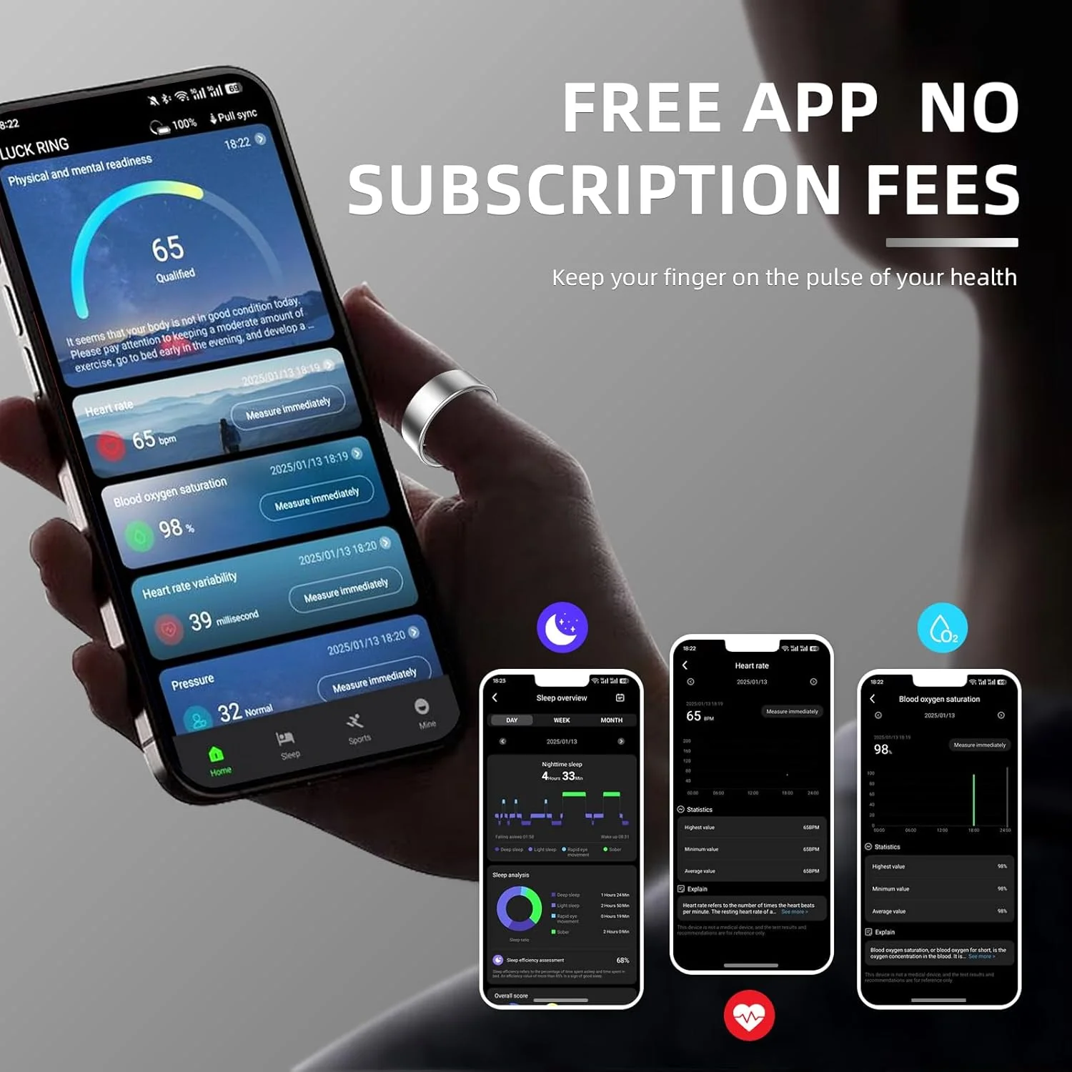 حلقه هوشمند، ردیاب تناسب اندام چند ورزشی با جعبه شارژ، ضد آب 10ATM، ضربان قلب/اکسیژن، پایش خواب، بدون نیاز به اشتراک، سازگار با اندروید 6.0+ / iOS 11.0 (مشکی، #8)