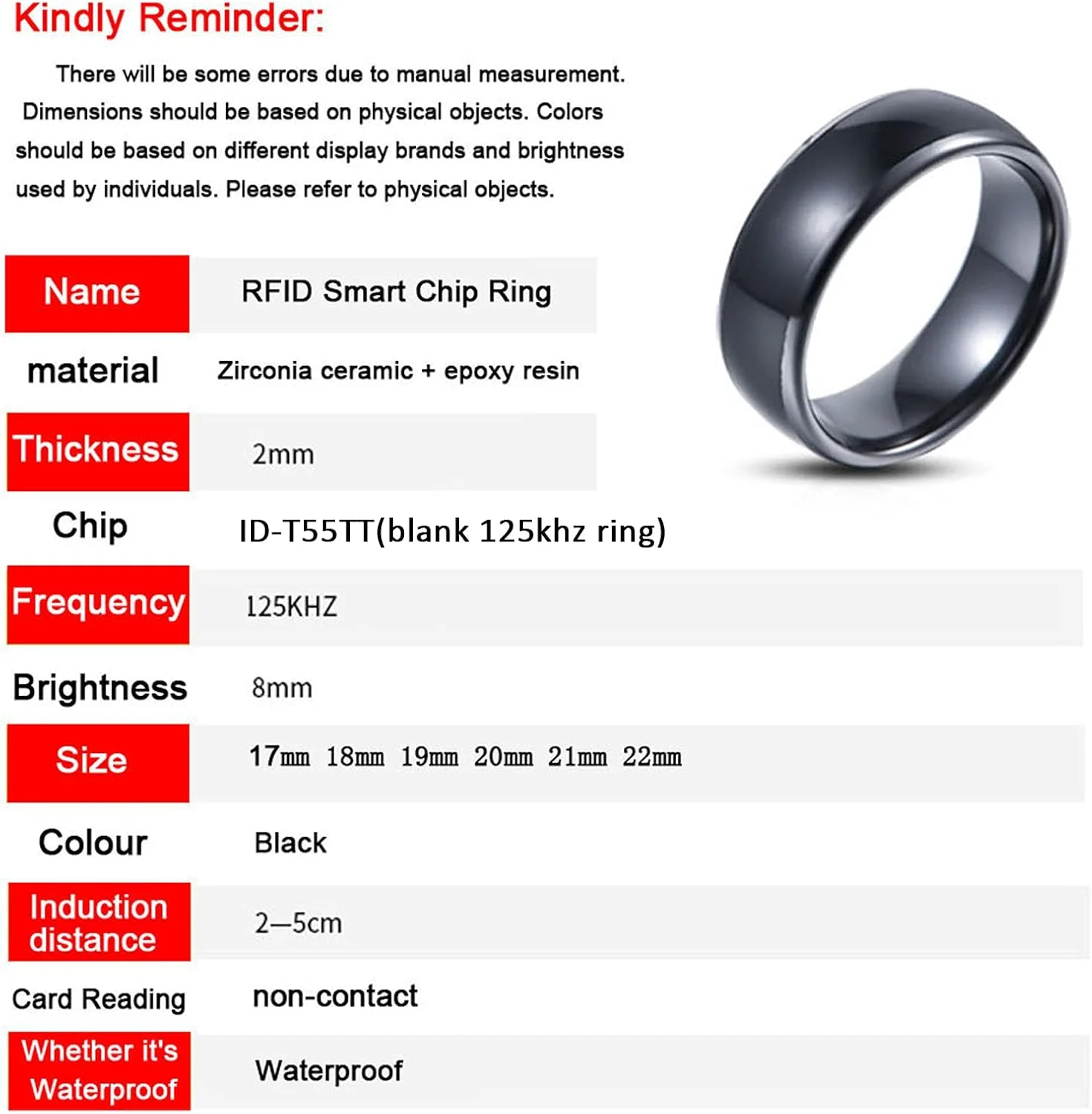 انگشتر هوشمند سرامیکی مشکی RFID با تراشه T5577 یا UID، فرکانس 125KHZ/13.56MHZ، مناسب برای آقایان و بانوان (T5577 125KHZ-19MM)