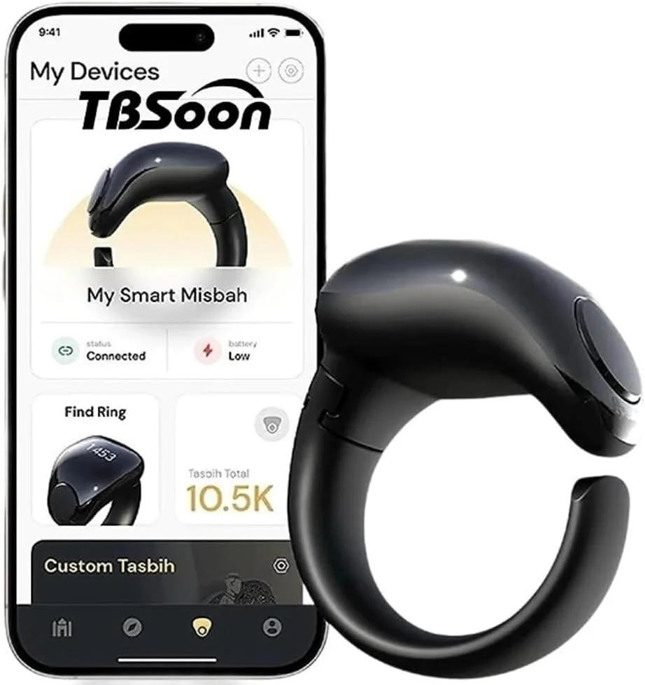 انگشتر تسبیح هوشمند فشن، شمارنده تسبیح، راهنمای جهت قبله، ساعت زنگ دار 5 اذان، استغفار، تسبیح الکترونیکی، هدیه عید فطر، عید قربان، رمضان برای مردان و زنان - مشکی سایز قابل تنظیم